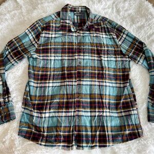 Men's Eddie Bauer Soft Plaid Button-Up Shirt Teal and Brown Size XL 100% Cotton